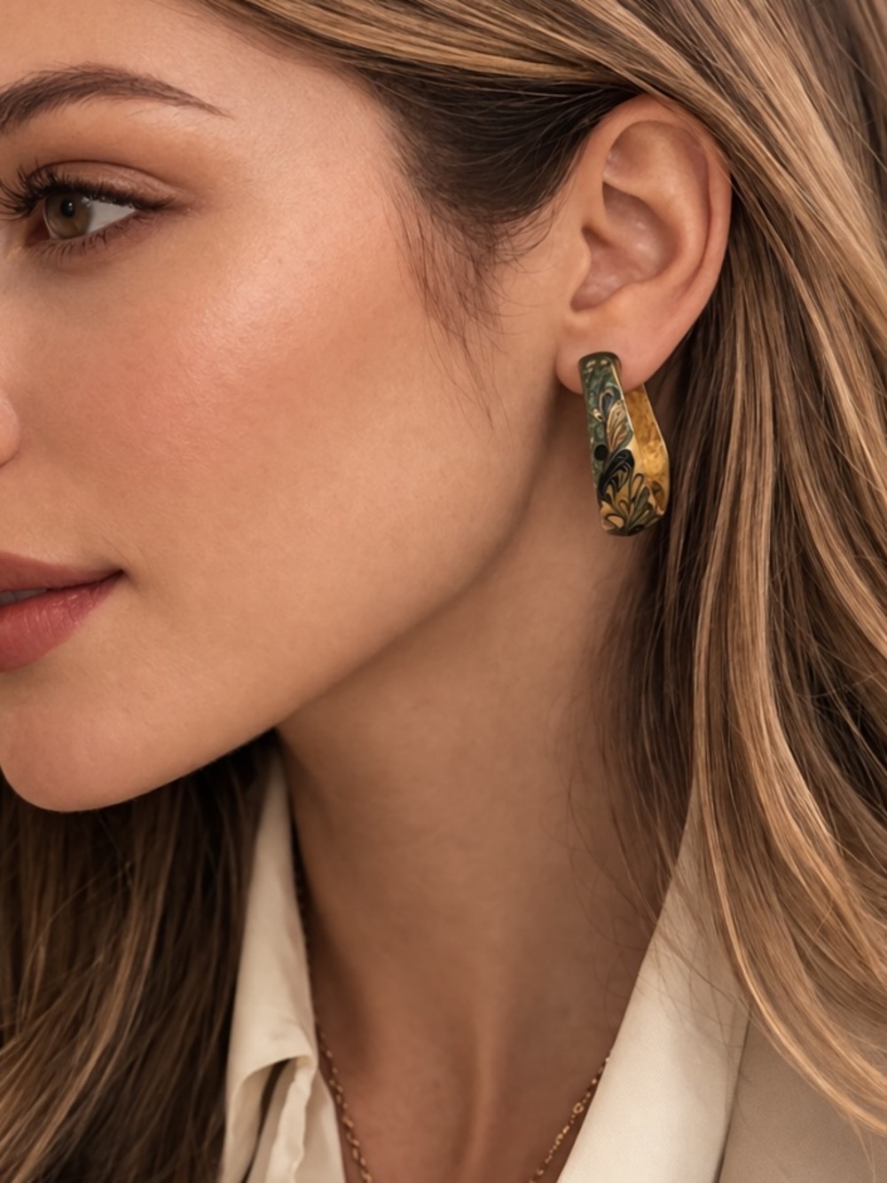 Art Deco Green Gold Hoop Earrings Vintage Swirl Chunky Statement